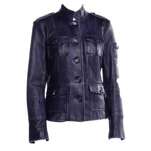 Tory Burch Indigo Blue Leather Shrunken Sgt Pepper Military Style Jacket Size 6